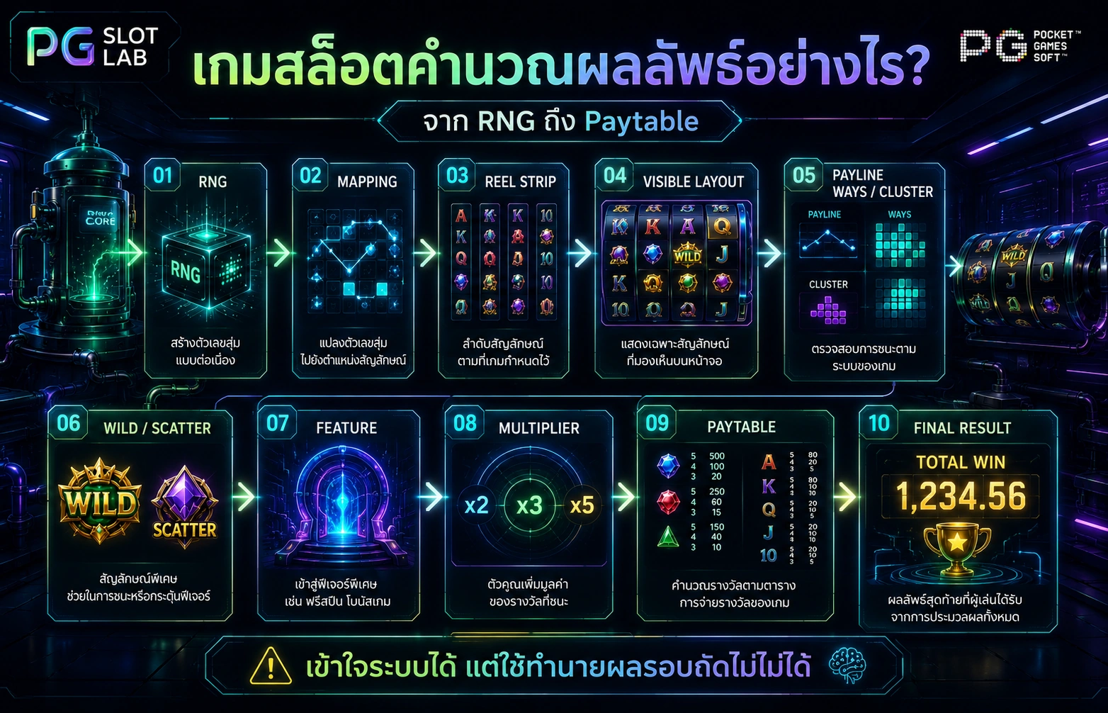 ภาพสรุปกระบวนการคำนวณผลลัพธ์เกมสล็อตตั้งแต่ RNG ถึง Paytable
