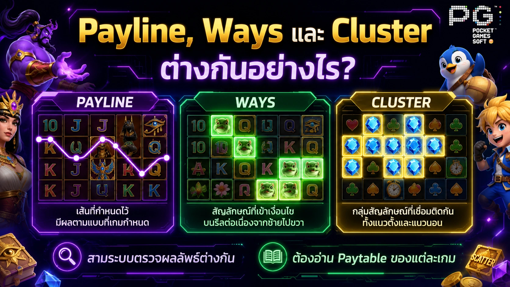 อินโฟกราฟิกเปรียบเทียบ Payline Ways และ Cluster