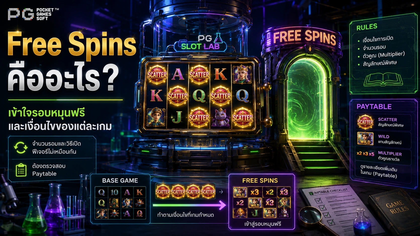อินโฟกราฟิกอธิบาย Free Spins รอบหมุนฟรีและเงื่อนไขของแต่ละเกม