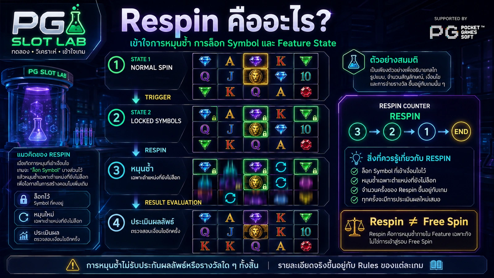 อินโฟกราฟิกอธิบาย Respin การล็อกสัญลักษณ์ และการสร้างตำแหน่งใหม่ในเกมสล็อต
