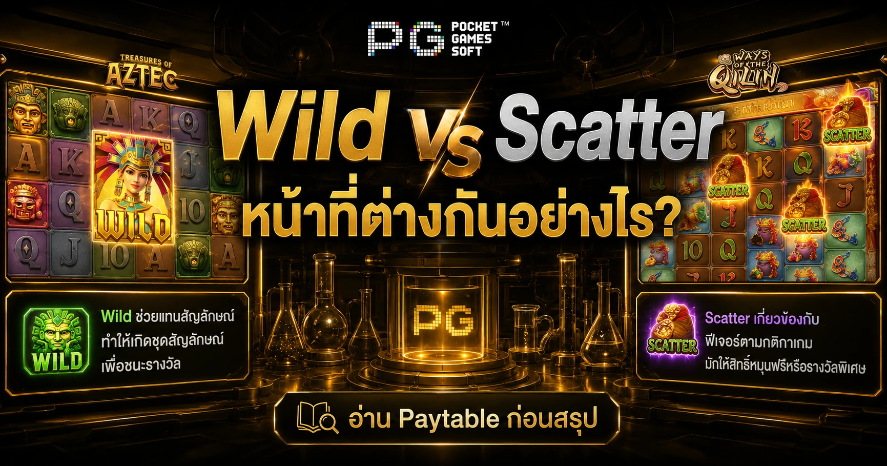 ภาพอธิบาย Wild กับ Scatter และคำแนะนำให้อ่าน Paytable ก่อนสรุปกติกา